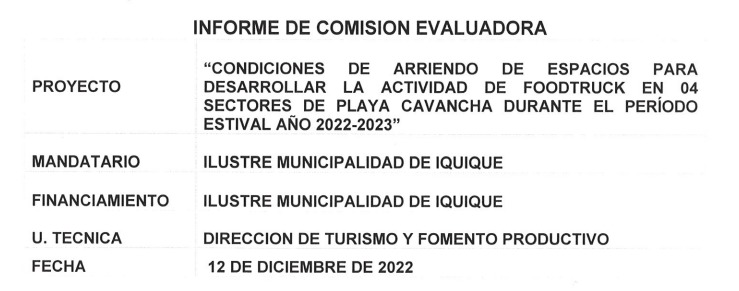 Condiciones de arriendo de espacio para desarrollar la actividad de Foodtruck en 4 sectores de Playa Cavancha durante el periodo estival 2022-2023