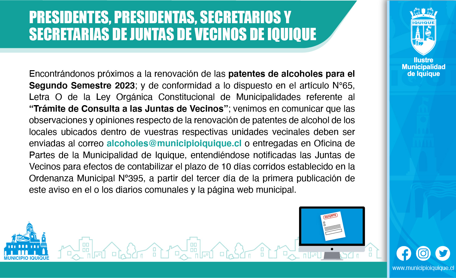 IMI llama a Juntas de Vecinos a entregar observaciones de patentes de alcoholes en su sector