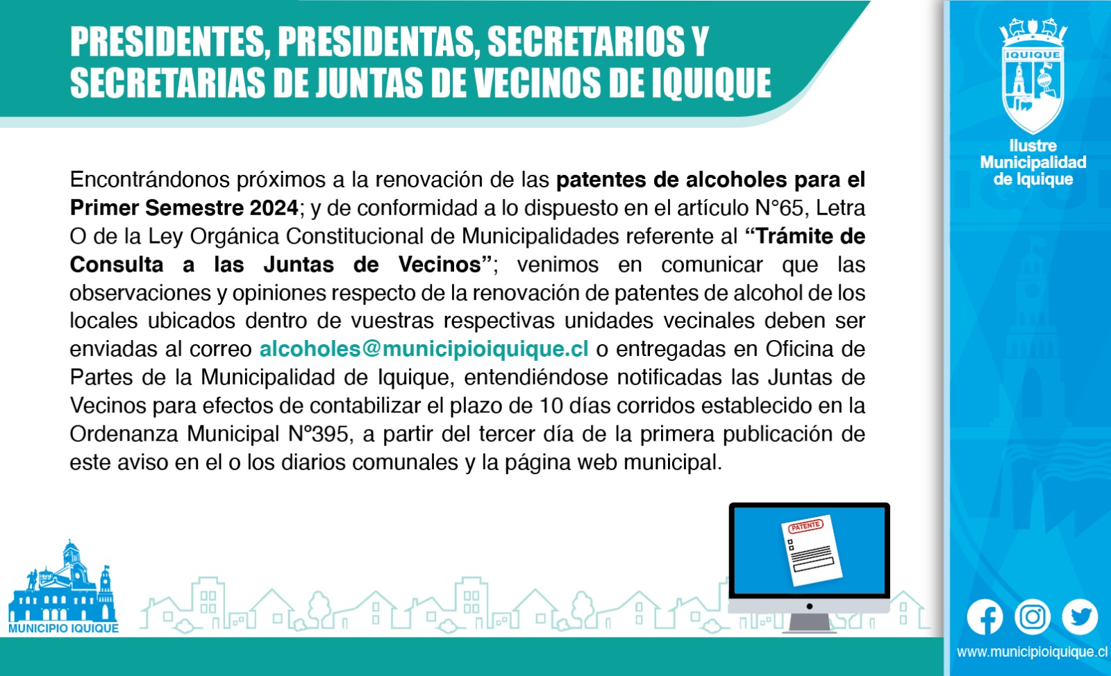 IMI inicia trámite de consulta a las Juntas de Vecinos por renovación de Patentes de Alcoholes